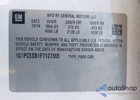 2015 Chevrolet Cruze 1Lt Auto z USA, uszkodzony, nr VIN 1G1PC5SB1F7127365